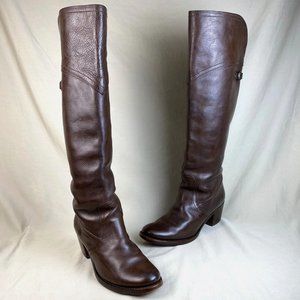 FRYE Jane Tall Cuff Pebbled Leather Over Knee Heeled Boots Size 8 Brown